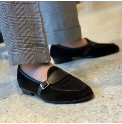 Handmade Mens Black Velvet Casual Shoes, Men Penny Loafers Monk Shoes