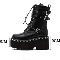 Black Lace-Up Motorcycle Platform Boots  - Thumbnail 6