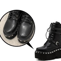Black Lace-Up Motorcycle Platform Boots  - Thumbnail 1
