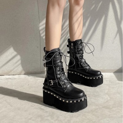 Black lace-up motorcycle platform boots  - Thumbnail 4