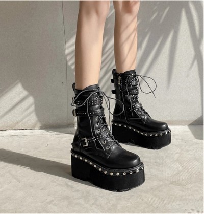 Black Lace-Up Motorcycle Platform Boots 