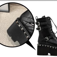Black Lace-Up Motorcycle Platform Boots  - Thumbnail 2