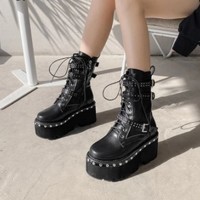 Black Lace-Up Motorcycle Platform Boots  - Thumbnail 5