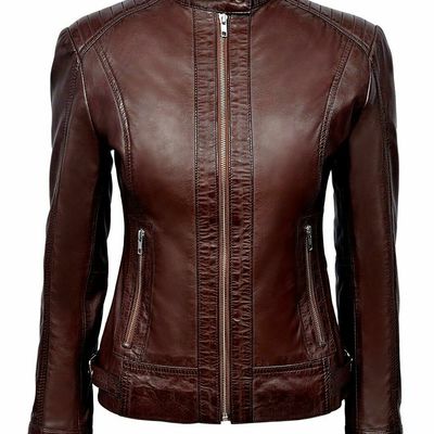 Women's genuine lambskin pure leather jacket handmade biker premium brown coat