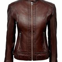 Women's Genuine Lambskin Pure Leather Jacket Handmade Biker Premium Brown Coat - Thumbnail 4