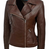 Women's Authentic 100% Lambskin Leather Brown Jacket Slim fit Biker Stylish Coat - Thumbnail 4