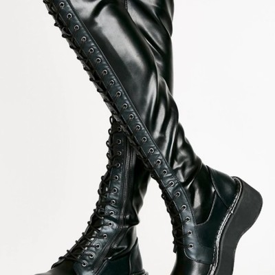 Black lace up patent leather knee high boots - Thumbnail 2