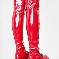 Black Lace up Patent Leather Knee High Boots - Thumbnail 3