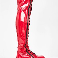 Black Lace up Patent Leather Knee High Boots - Thumbnail 4