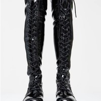 Black Lace up Patent Leather Knee High Boots - Thumbnail 2