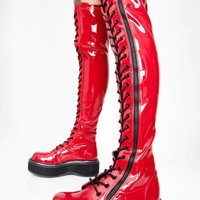 Black Lace up Patent Leather Knee High Boots - Thumbnail 5