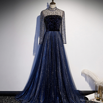 Elegant tulle sequins long prom dress blue evening dress - Thumbnail 3