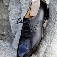 Men's Black Cap Toe Leather Shoes - Thumbnail 1