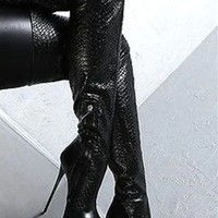 High Quality Black Over The Knee High Heels Platform Boots - Thumbnail 2