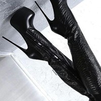 High Quality Black Over The Knee High Heels Platform Boots - Thumbnail 6