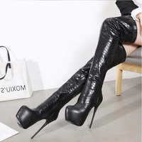 High Quality Black Over The Knee High Heels Platform Boots - Thumbnail 8