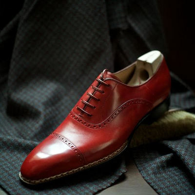 Classic men's maroon cap toe leather shoes - Thumbnail 5