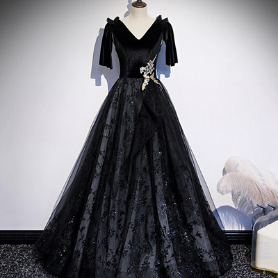 Black velvet lace long prom dress evening dress - Thumbnail 4