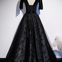 Black velvet lace long prom dress evening dress - Thumbnail 4