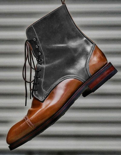 New Handmade Brown Grey Cap Toe Leather Suede Boot 