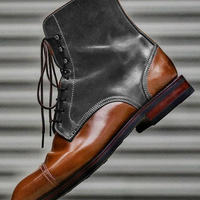 New Handmade Brown Grey Cap Toe Leather Suede Boot  - Thumbnail 1