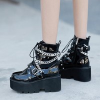 Black Chain Buckle Strap Ankle Boots - Thumbnail 1