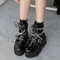 Black Chain Buckle Strap Ankle Boots - Thumbnail 2