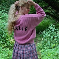 Angelic Pink Letter Embroidery Harajuku Kawaii Loose Knitted Sweater - Thumbnail 1