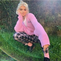 Angelic Pink Letter Embroidery Harajuku Kawaii Loose Knitted Sweater - Thumbnail 5