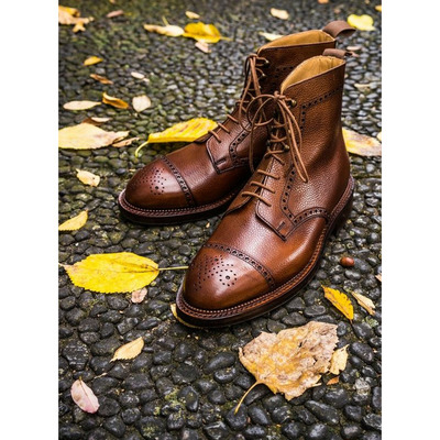 Men handmade brown leather brogue boots with lace up closure, ankle boots