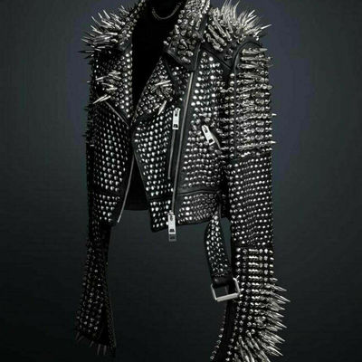 Men's black punk full silver long spiked studded brando bike leather jacket