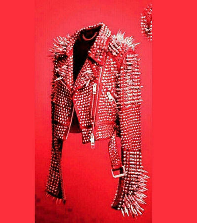 Men's Red Punk Full Silver Long Spiked Studded Brando Bike Leather Jacket