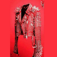 Men's Red Punk Full Silver Long Spiked Studded Brando Bike Leather Jacket - Thumbnail 1