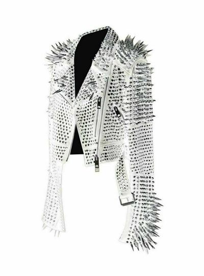 Men's White Punk Full Silver Long Spiked Studded Brando Bike Leather Jacket