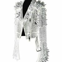 Men's White Punk Full Silver Long Spiked Studded Brando Bike Leather Jacket - Thumbnail 1