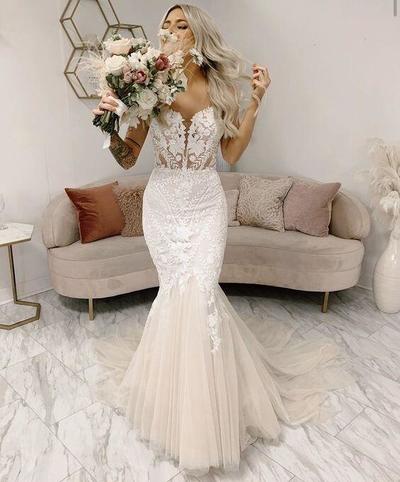 Fitted Mermaid Sweetheart Lace Tulle Wedding Dresses