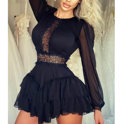 Fashion sexy stitching lace flounced dress - Thumbnail 4