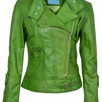 Women's Genuine Lambskin Leather Jacket Slim Fit Stylish Coat Biker Green - Thumbnail 4