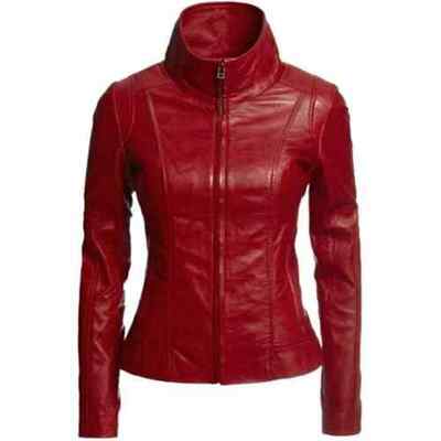 Womens Genuine Lambskin Real Leather Jacket Biker Slim Motorcycle Red Jacket