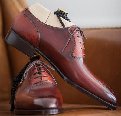 HANDMADE MENS BURGUNDY FINISHING BESPOKE LACE UP OXFORD CHRISMAS SHOES
