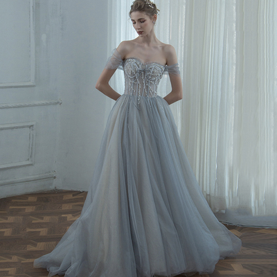 Grey tulle beads long prom dress evening dress - Thumbnail 5