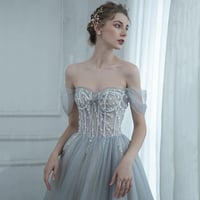 Grey tulle beads long prom dress evening dress - Thumbnail 1