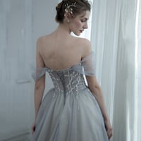 Grey tulle beads long prom dress evening dress - Thumbnail 3