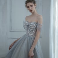 Grey tulle beads long prom dress evening dress - Thumbnail 4