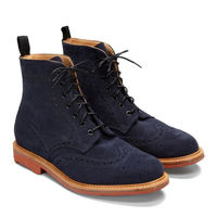 Handmade Navy Blue Wingtip Brogue  Lace Up Military Boot For Gentlemen - Thumbnail 1