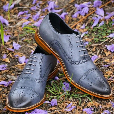 Men's Grey Cap Toe B rogue Leather Formal Wear Shoes