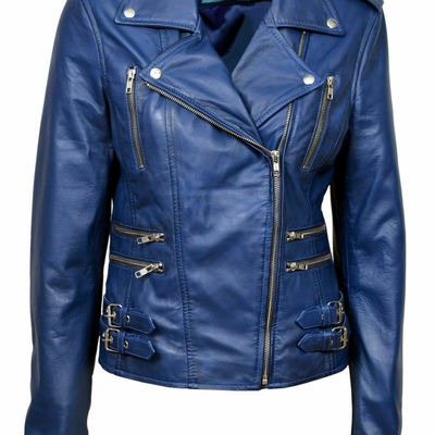 Women's authentic lambskin leather blue jacket slim fit motorcycle biker stylish