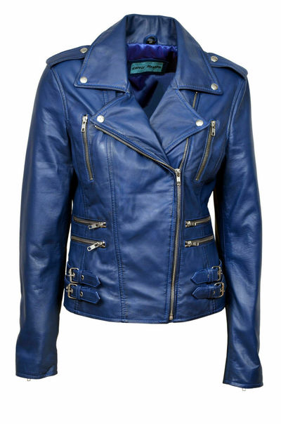Women's Authentic Lambskin Leather Blue Jacket Slim fit Motorcycle Biker Stylish
