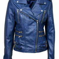Women's Authentic Lambskin Leather Blue Jacket Slim fit Motorcycle Biker Stylish - Thumbnail 4