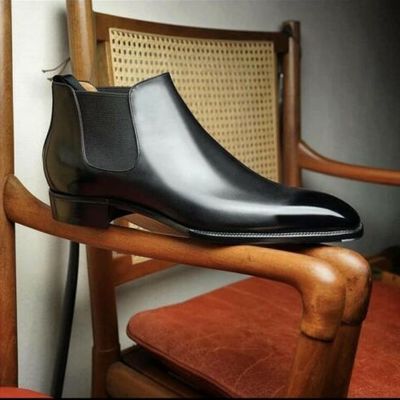 New handmade black plain leather chelsea boot, men dress formal boot